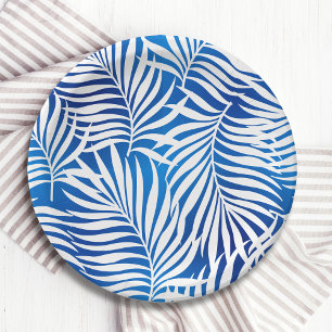 Tropical Blue And White Foliage   Floral Paper Plate