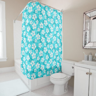 Tropical Blue and White Hibiscus Flower Pattern Shower Curtain