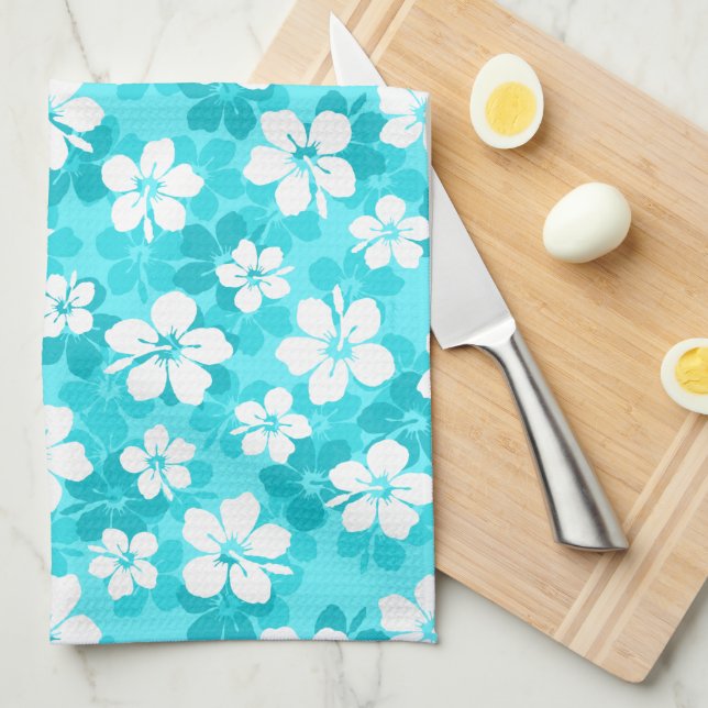 Tropical Blue and White Hibiscus Flower Pattern Tea Towel (Quarter Fold)