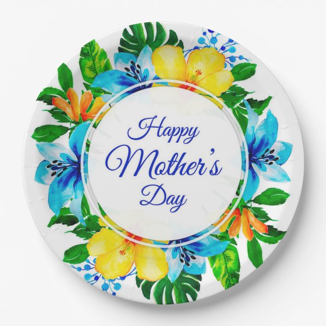 Tropical Blue and Yellow Floral Happy Mother's Day Paper Plate (Front)