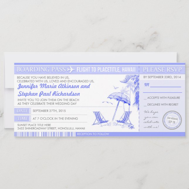 tropical blue boarding pass - wedding invitations (Front)