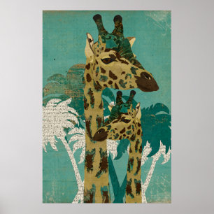 Tropical Blue Boho Giraffes Retro  Art Poster