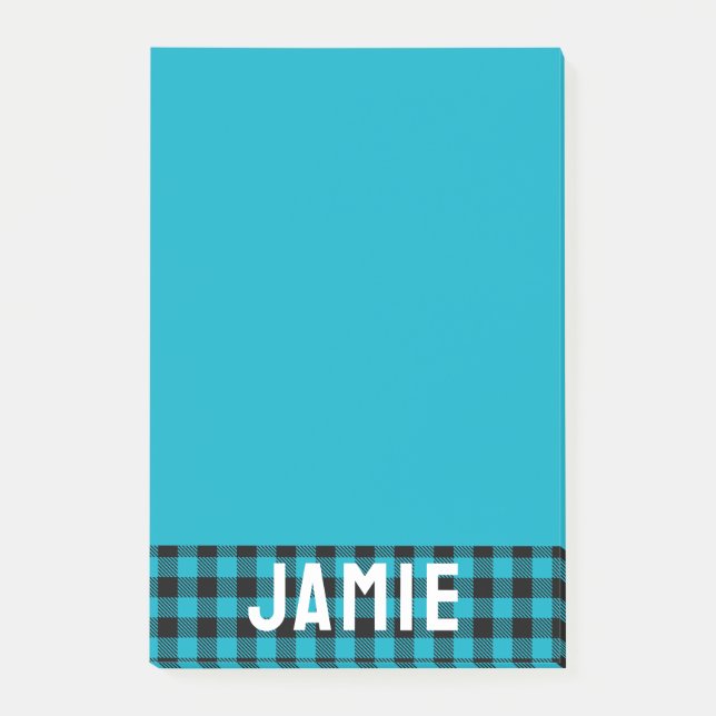 Tropical Blue Buffalo Check White Name Post-it Notes (Front)