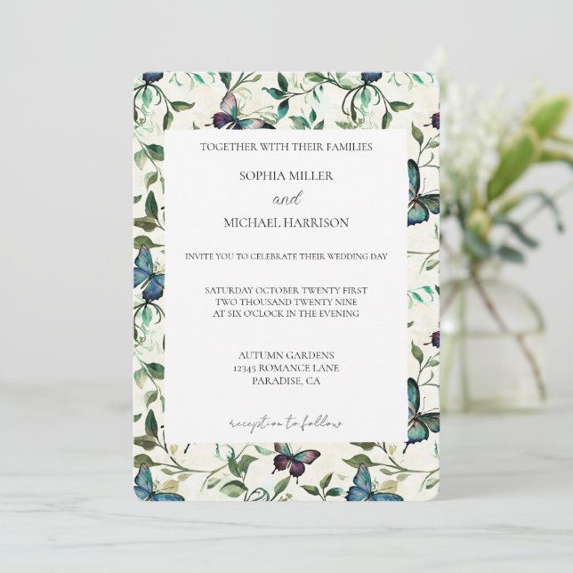 Tropical Blue Butterflies Wedding Invitation (Standing Front)