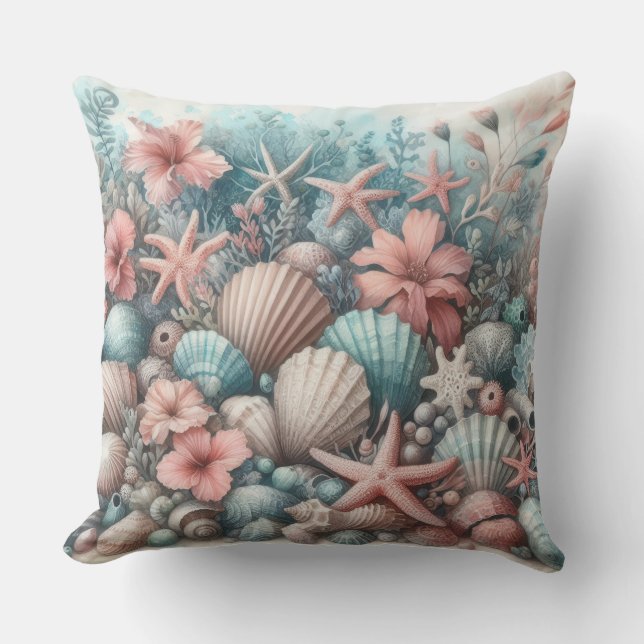 TROPICAL BLUE & CORAL UNDER SEA SEASHELLS CUSHION (Front)