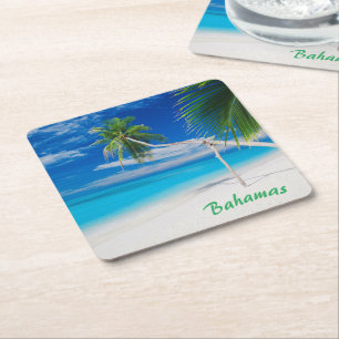 Tropical Blue Exotic Bahamas Beach Palms Square Paper Coaster