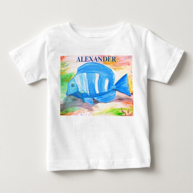Tropical blue fish Watercolor Sea Ocean Baby T-Shirt (Front)