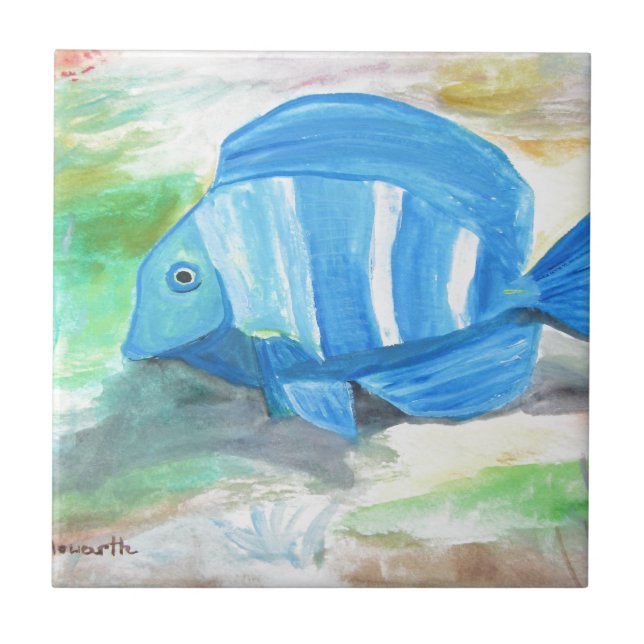 Tropical blue fish Watercolor Sea Ocean Tile (Front)
