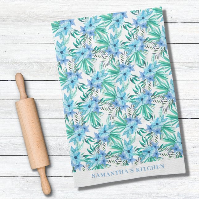 Tropical Blue Floral Name Kitchen Towels (Creator Uploaded)