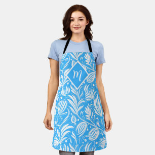 Tropical Blue Floral Pattern Diamond Monogram Apron