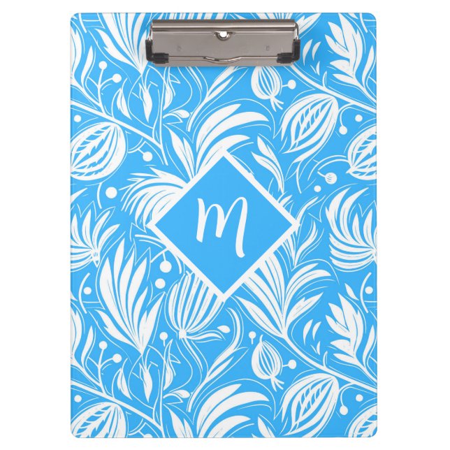 Tropical Blue Floral Pattern Diamond Monogram Clipboard (Front)