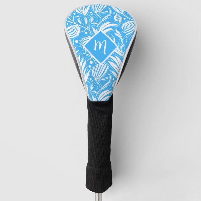 Tropical Blue Floral Pattern Diamond Monogram Golf Head Cover (Front)
