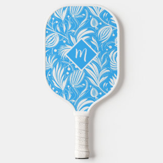 Tropical Blue Floral Pattern Diamond Monogram Pickleball Paddle