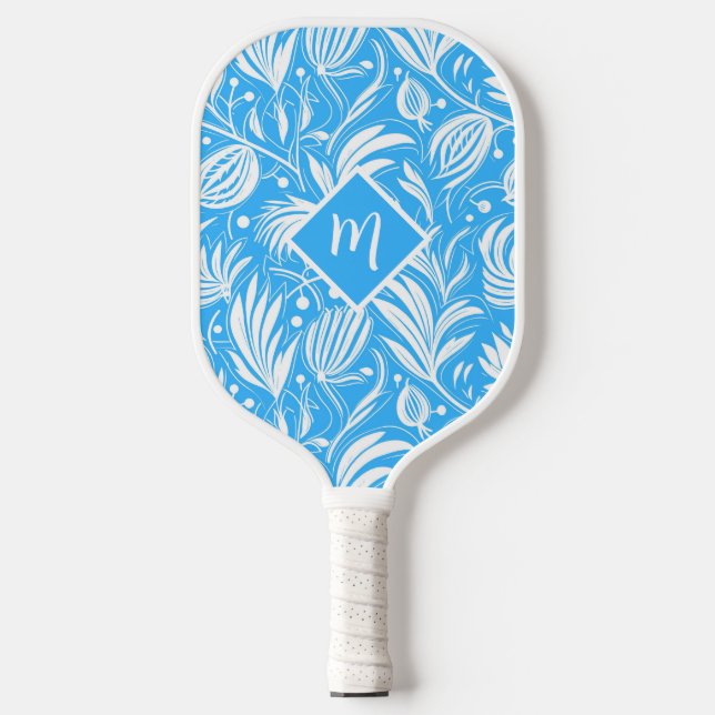Tropical Blue Floral Pattern Diamond Monogram Pickleball Paddle (Front)
