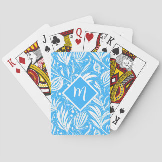 Tropical Blue Floral Pattern Diamond Monogram Playing Cards