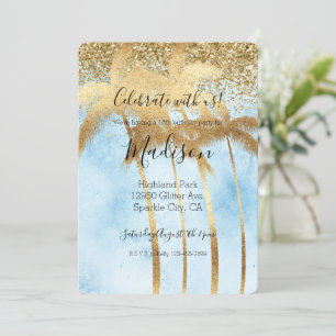 Tropical Blue Glitz Glitter Gold Palm Trees   Invitation