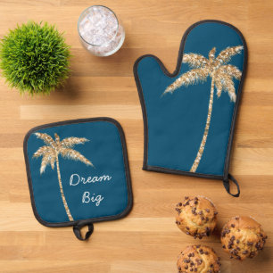 Tropical Blue Gold Glitter Palm Tree Oven Mitt & Pot Holder Set