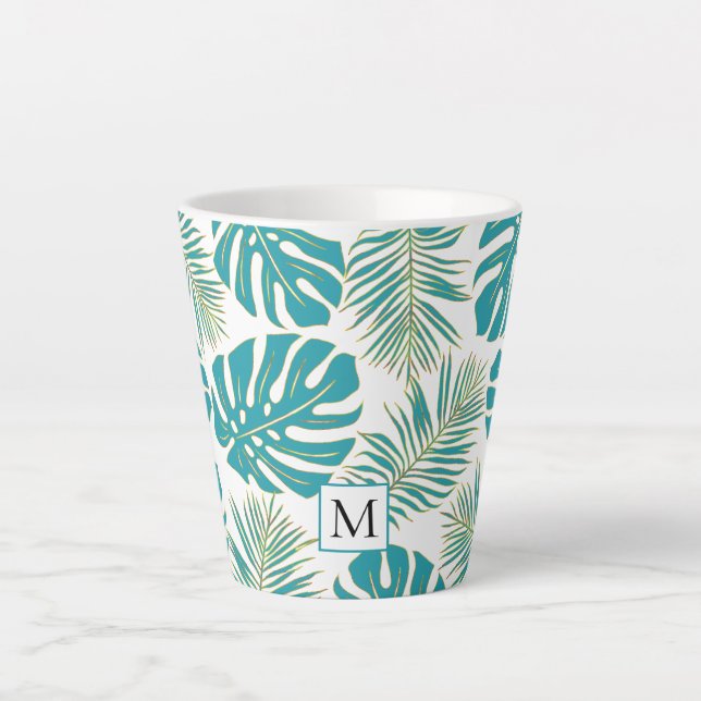 Tropical blue, gold leaves and monogram latte mug (Front)