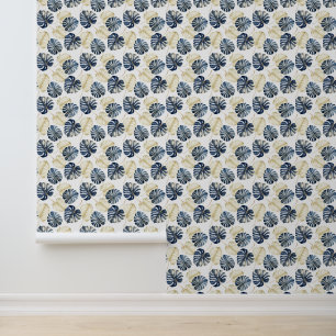 Tropical Blue Gold Leaves Wallpaper