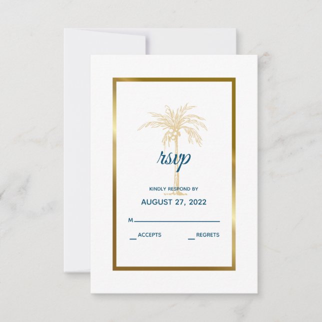 Tropical Blue Gold Palm Tree Beach Wedding RSVP Card (Front)