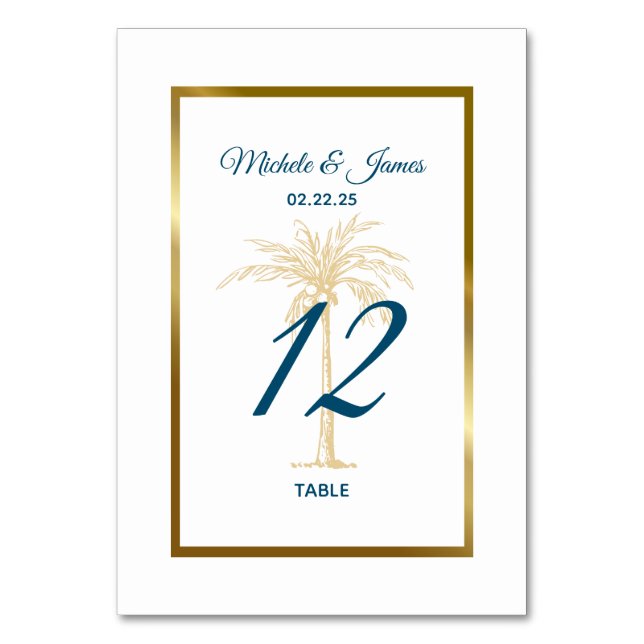 Tropical Blue Golden Palm Tree Beach Wedding Table Number (Front)