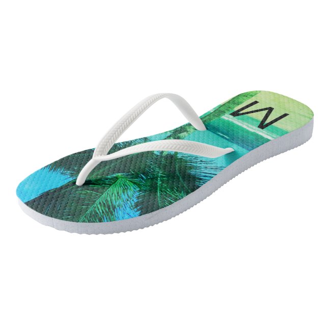 Tropical Blue/Green Beach & Palm Tree Initial Jandals (Angled)