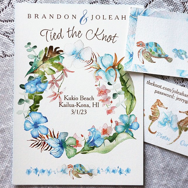 Tropical Blue, Green Leaf Wreath Elopement Invitation (Seaside Blue Hibiscus Flowers in a Wreath of Soft Green Banana Leaves Elopement Announcements)