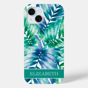Tropical Blue Green Palm Fronds Personalised Name iPhone 15 Case