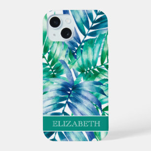 Tropical Blue Green Palm Fronds Personalised Name iPhone 15 Case