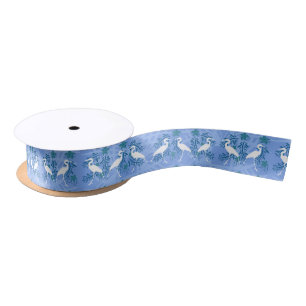 Tropical Blue Heron with Flowers Pattern Satin Ribbon