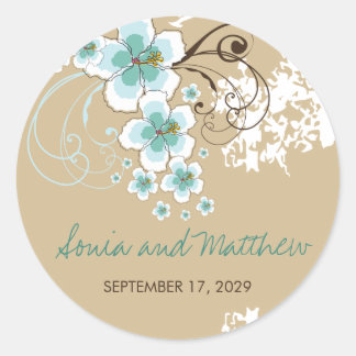 Tropical Blue Hibiscus Beach Wedding Favour Sticke Classic Round Sticker