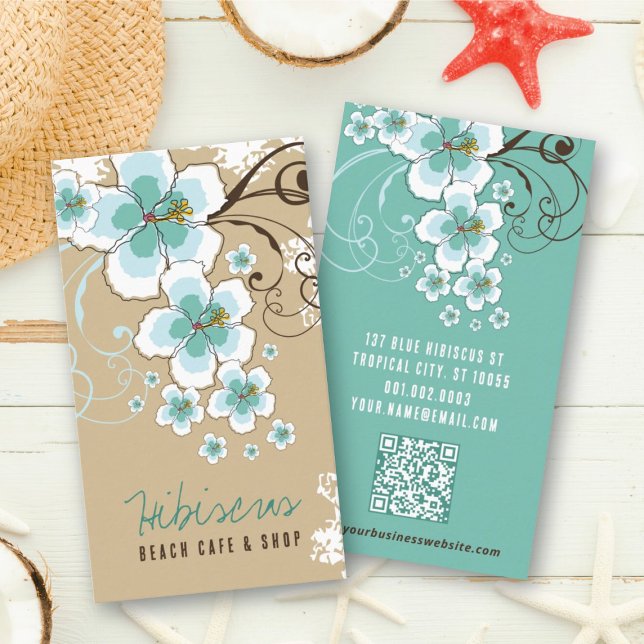 Tropical Blue Hibiscus Flowers And Swirls Rustic Business Card (Tropical Blue Hibiscus Flowers And Swirls Rustic Business Card @ fatfatin_design)