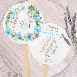 Tropical Blue Hibiscus Wreath Wedding  Hand Fan