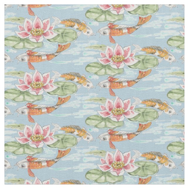 Tropical Blue Koi & Lotus Fish Pond Watercolor Fabric (Close Up)