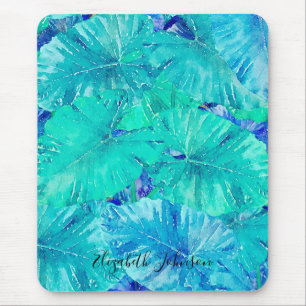 Tropical Blue Leaf Pattern Mouse Pad