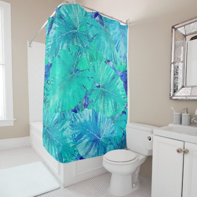 Tropical Blue Leaf Pattern Shower Curtain (In Situ)