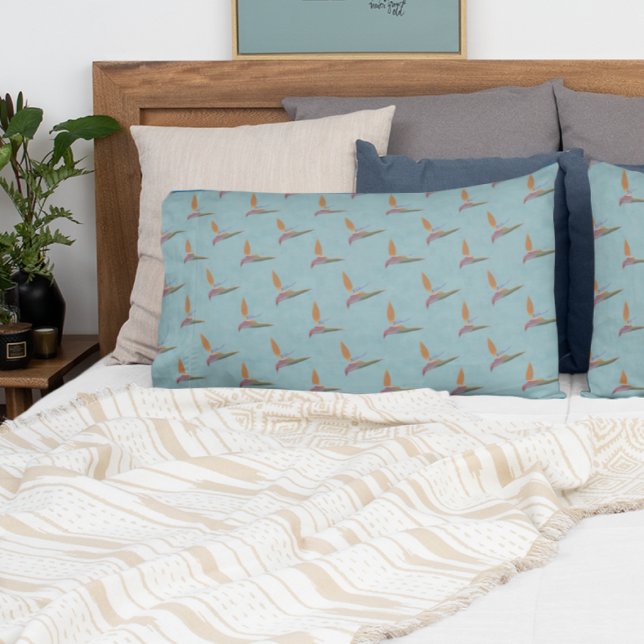 Tropical Blue Modern Bird of Paradise Hand-Drawn Pillowcase (Creator Uploaded)