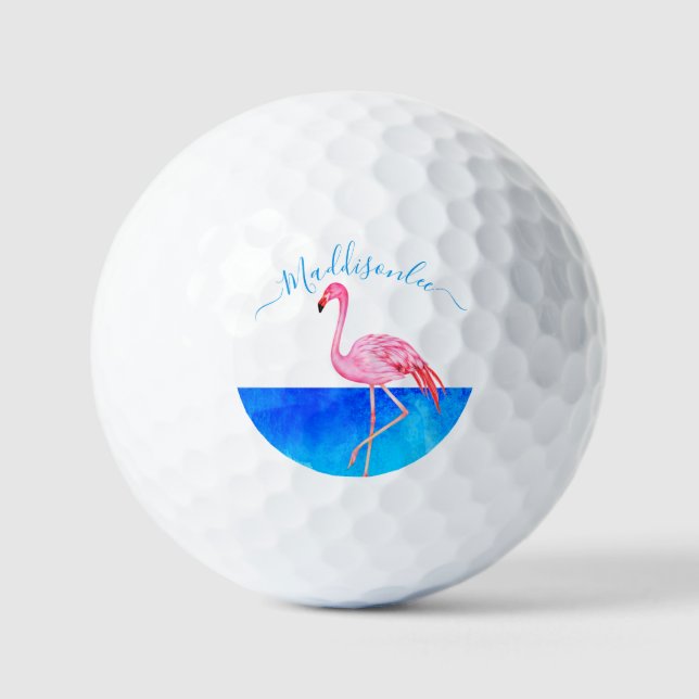 Tropical  Blue Monogram Name Pink Flamingo Golf Balls (Front)