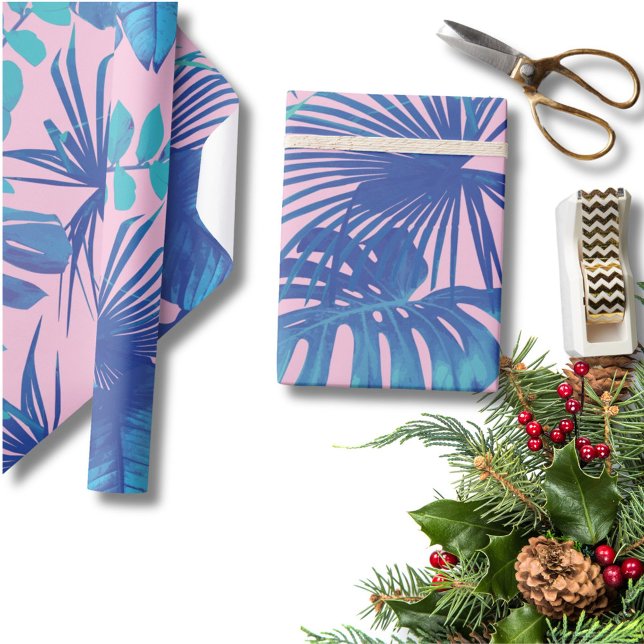 Tropical Blue Monstera & Palm Leaves Pink Wrapping Paper (Creator Uploaded)