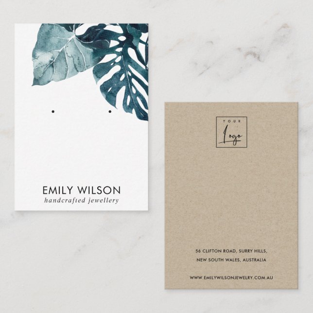 TROPICAL BLUE MOSTERA FAUNA STUD EARRING DISPLAY BUSINESS CARD (Front/Back)