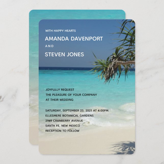 Tropical Blue Ocean Beach Scene Photo Wedding Invitation (Front/Back)