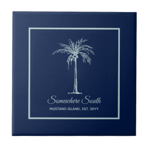 Tropical Blue Pale Teal Palm Tree Personalised Tile
