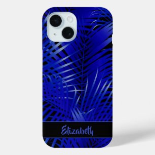 Tropical Blue Palm Fronds on Black Personalised iPhone 15 Case