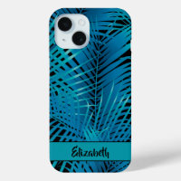 Tropical Blue Palm Fronds on Black Personalised