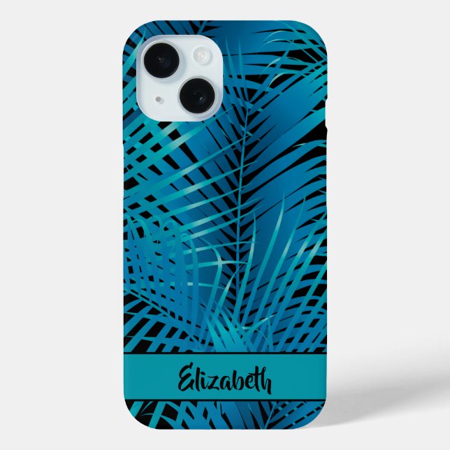 Tropical Blue Palm Fronds on Black Personalised Case-Mate iPhone Case (Back)