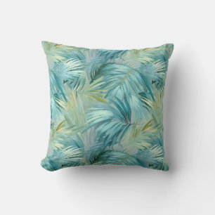 Tropical Blue Palm Leaf Watercolour Patterned Cushion