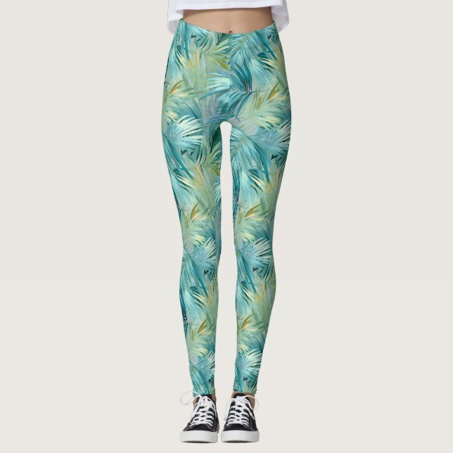 Tropical Blue Palm Leaf Watercolour Patterned Leggings (Front)