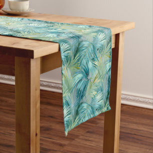 Tropical Blue Palm Leaf Watercolour Patterned Short Table Runner
