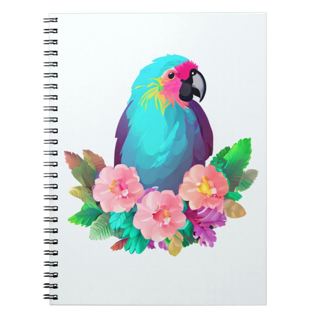 Tropical Blue Parrot with Tropical Flowers Notebook (Front)