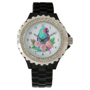 Tropical Blue Parrot with Tropical Flowers Watch